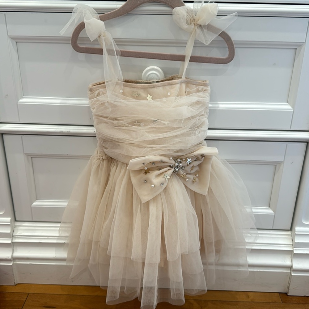 Marais Sky Stardust bow dress in beautiful almond color. Never worn. Size 3/4